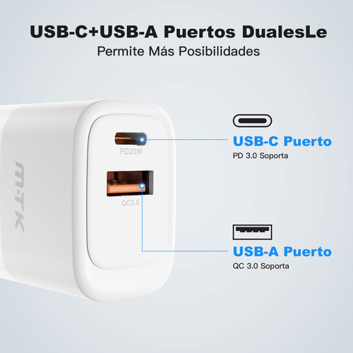 Cargador Carga Rápida Tipo C PD 20w + Usb-A 18w Gan Dual Salida