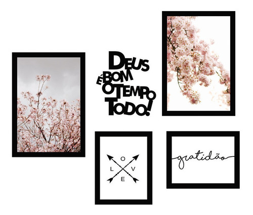 Kit Quadros Decorativos Flores Cerejeira Frase Moldura Peças