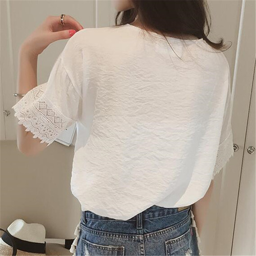 Blusa De Chifón Con Cuello En V Y Manga Corta En Color Liso