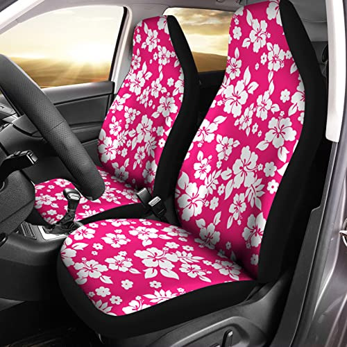 Bulopur White Hibiscus Flowers Pink Car Front Seat Cover Set