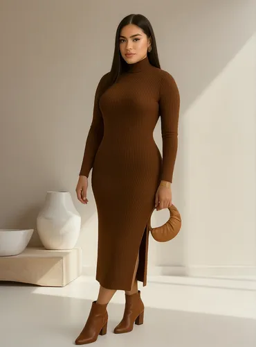 Vestido Manga Longa Midi Gola Alta Fenda Lateral Premium