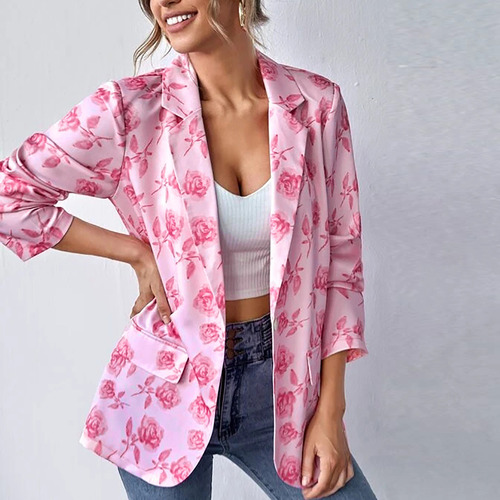Casaco Feminino R, Casaco Casual Com Estampa De Flores, Botã