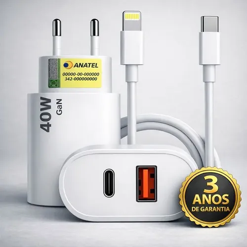 Carregador Turbo Duplo 40w Usb Tipo C Para iPhone 8 X Xr 11 12 13 14 Pro Max Dtimp Branco