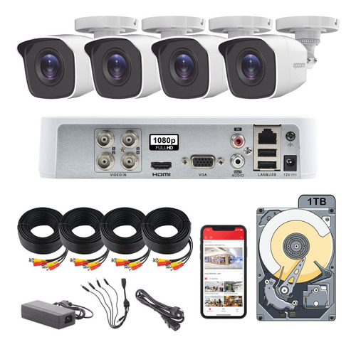 Kit Video Vigilancia Epcom Dvr 4 Canales 4 Cámaras 1080p 2mp Full Hd B8-TURBO-G2W Cable coaxial 18mts + Hdd 1tb