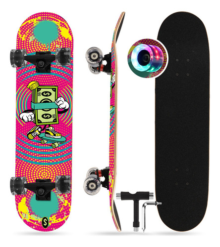 Patineta Skateboard Tabla De Madera Con Luz Led Herramienta