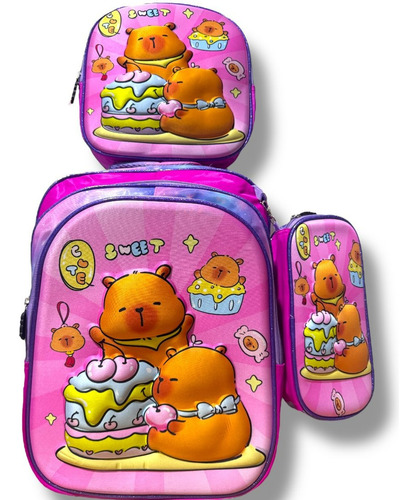 Mochila Capybara 3d Combo 3 Pz Kit Mochila Lapicera Lonchera Rosa Capibarapastel