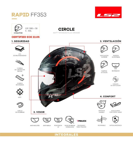 Imagen 5 de 9 de Casco Moto Integral Ls2 353 Rapid Circle Negro Mate Naranja