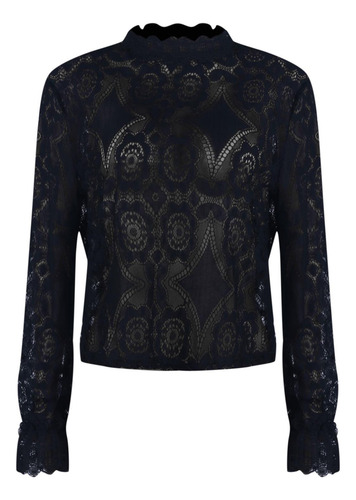 Blusa Transparente De Encaje Con Cuello Alto Y Manga Larga P