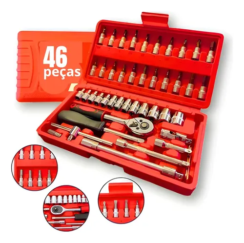 Kit Profissional 46 Peças Aço CRV Completo Com Maleta Soquete 1/4...