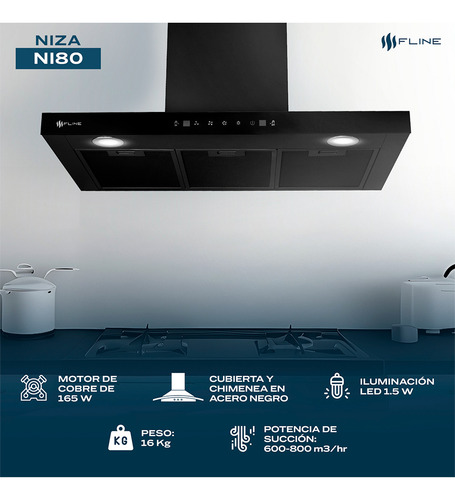 Campana Extractora Tipo T 80 Cm Touch | Negro Mate | Niza 80
