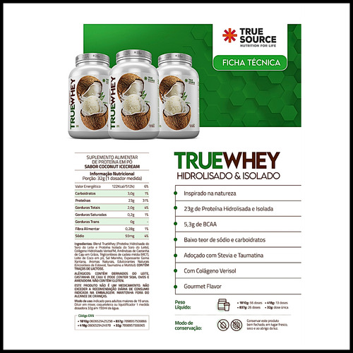 True Whey True Source 100% Whey Isolado & Hidrolisado 1810g