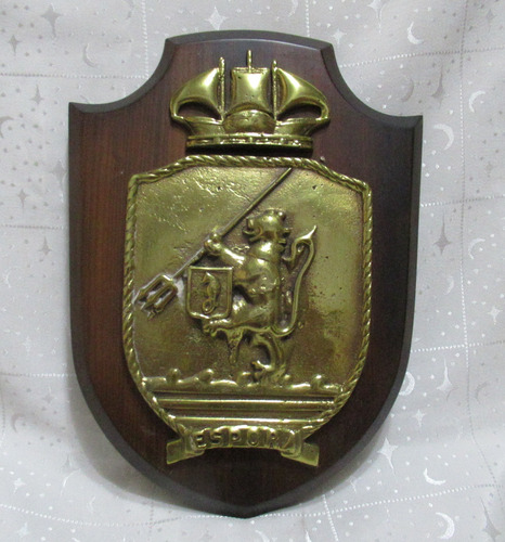 Escudo Naval Espora Placa De Bronce Con Base Madera 30x21 Cm