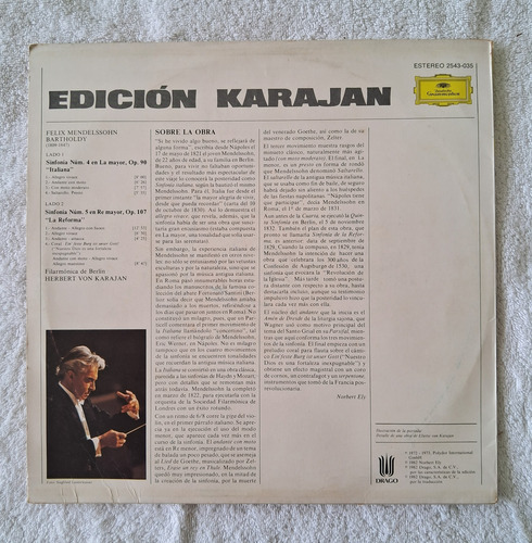 Karajan Lp Mendelssohn Sinf 4 Op. 90 Italiana Sinf 5 Op. 107 Edición Limitada (Usado)