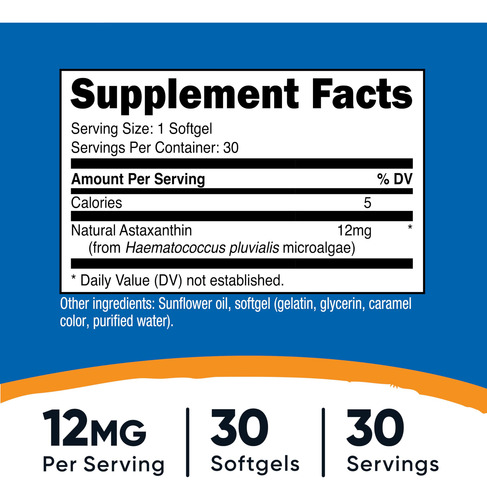 Suplemento Nutricost De Astaxantina, 12 Mg, 30 Cápsulas Blan