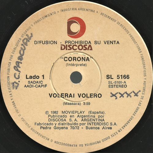 Corona - Volerai Volero / Bella Cotta - Simple Vinilo Promo