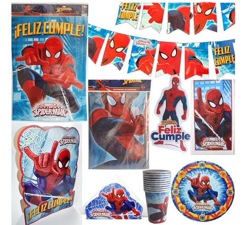 Combo Kit Cumple Spiderman Hombre Araña 10 Personas Cotillon