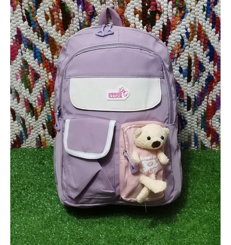 Mochila Import Asiatica Kawaii Con Osito Good Luck Lavanda Liso
