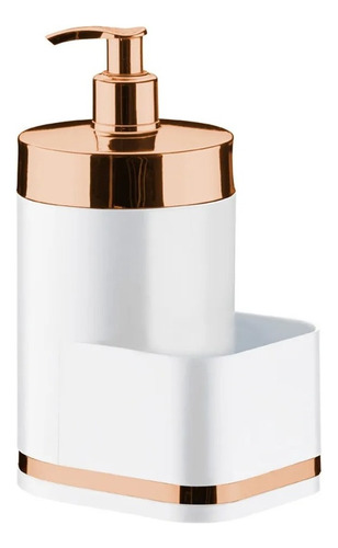 Dispenser Detergente Suporte Cozinha Pia Porta Esponja Bucha Cor Branco C/ Aço Rose Gold