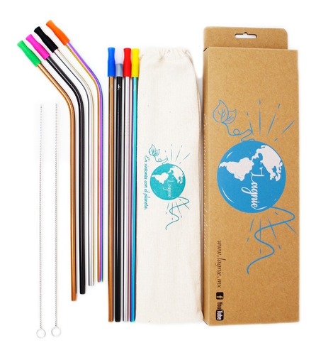 Lagnie Set 8 Popotes Metálicos Reusables Acero Inoxidable Pajilla Multicolor, Tornasol, Cobre, Negro 21.6 Ó 26.7 Cm Full