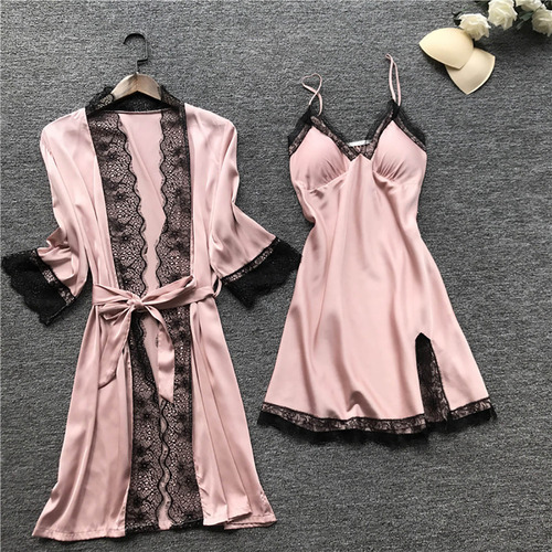 Conjunto De Pijama Babydoll Con Bata De Encaje De Seda Para