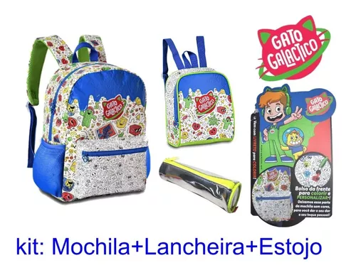 Mochila Escolar Gato Galáctico + Estojo + Lancheira r