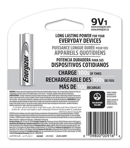 Imagen 5 de 5 de Pila Energizer 9v Recargable Blister 1 Unidad