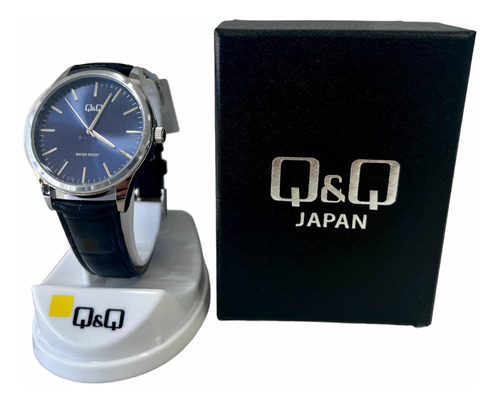 Reloj Q&q Hombre Mod Q59a-003py Malla Cuero Negra Fdo. Azul