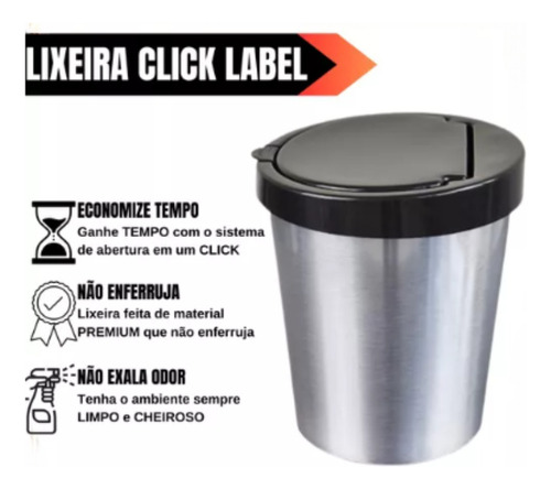Lixeira 10 Litros Cesto De Lixo Tampa Click Label Prata Inox