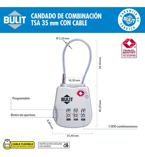 Imagen 2 de 6 de Candado De Combinación Tsa Con Cable Bulit