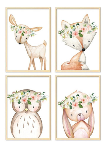 4 Cuadros Animales Nórdicos, Decoracion Infantil Cuarto Niña