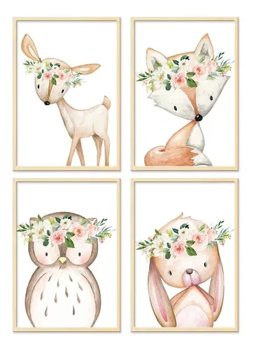 comprar 4 Cuadros Animales Nórdicos, Decoracion Infantil Cuarto Niña