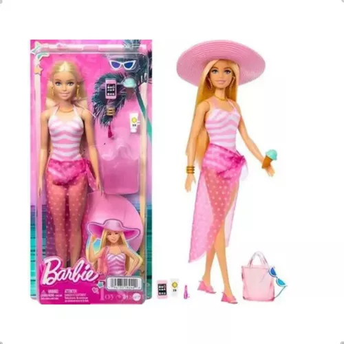 Barbie Boneca com maiô rosa e branco, chapéu de sol, bolsa e acessório