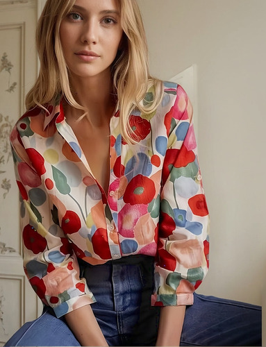 Blusa Floral Con Botones Y Solapa De Talla Grande A La Moda