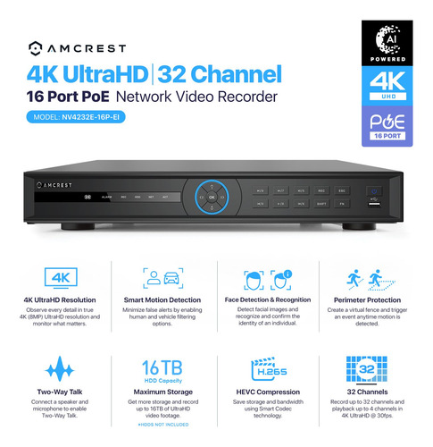 Nvr Amcrest Nv4232e-16p-ei 32 Canales 4k Con Reconocimiento