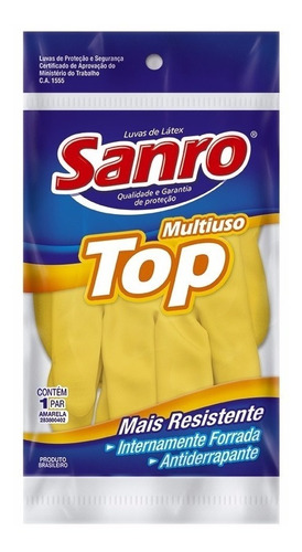 Luva Látex Sanro Top Multiuso Amarela Tamanho G - 10 Pares