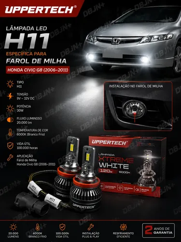 Kit Lampada Farol De Milha Honda Civic G8(2006-2011) Uppertech Xtreme White 120w 6000k H11 Branco Branco-frio