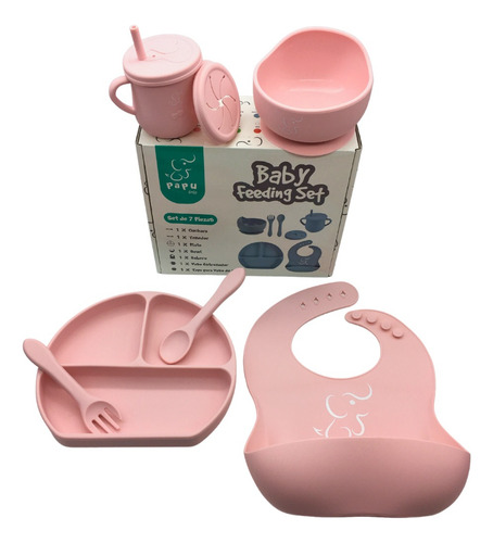Set Babero, Plato, Bowl, Cubiertos Y Vaso Con Tsnack (7 Pz) Color Rosa pastel Set 7 piezas