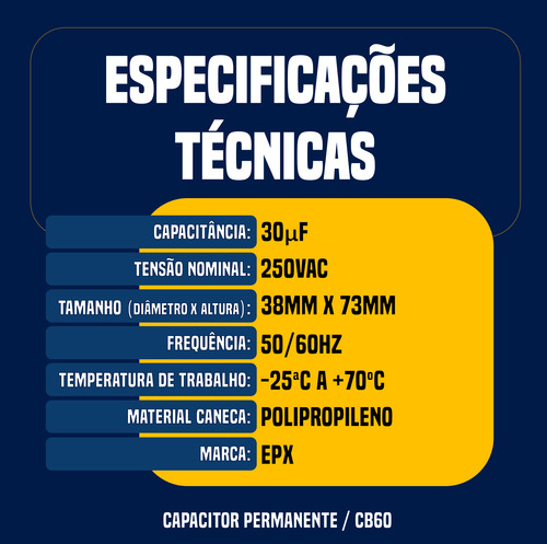 Capacitor Permanente 30uf 250v 2 Fios Cbb60 Motor Eletrico