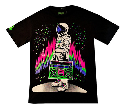 Playera Astronauta Retro Fluorescente Neón Con Luz Negra