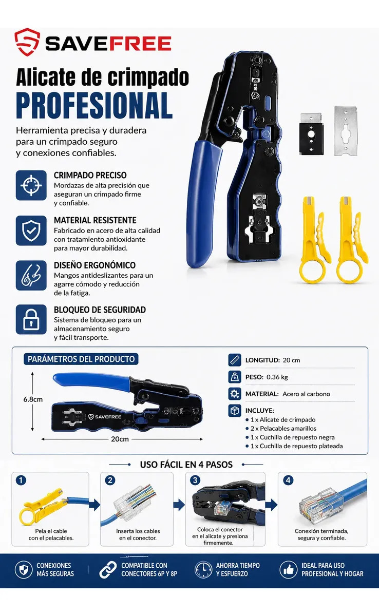 Pinza Ponchadora Rj45 Passthrought Cat6/5e +2 Cuchillo Pelar