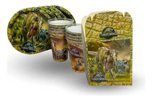 Kit Platos, Vasos, Dulceros 40 Invitados Personajes Jurassic