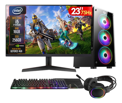 PC Gamer Completo 2Eletro Player, Intel Core i5, 16GB RAM, Placa de vídeo Geforce 4GB, SSD 256GB, Fonte 500W, Monitor 23" Full HD 75Hz, Kit Gamer com Headset - PG2E-LED1006PL