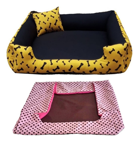 Cama Pet G Cachorro Grande Cama Com Capa Extra 70x70 Cor Cama Amarela + Capa Rosa Bolinhas