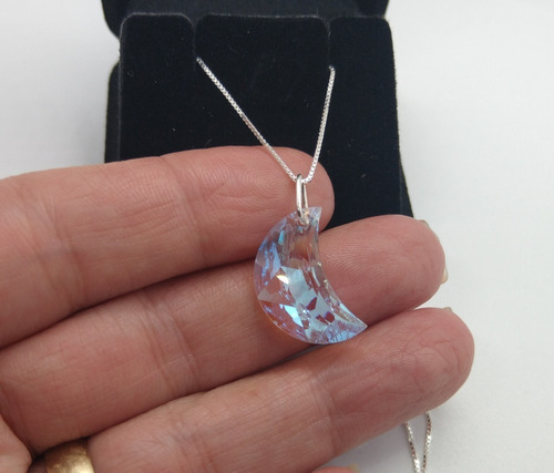 Imagem 5 de 5 de Colar Lua Cristal Swarovski Cor Blue Boreal 2.0 Cm Prata 925