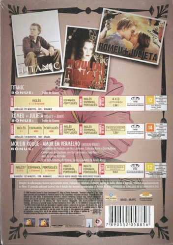 Titanic Romeu+julieta E Moulin Rouge Amor Em Vermelho 3 Dvds