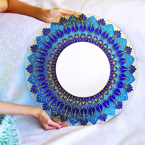 Mandala Azul E Dourada Em Vidro De 50cm E Espelho De 24cm