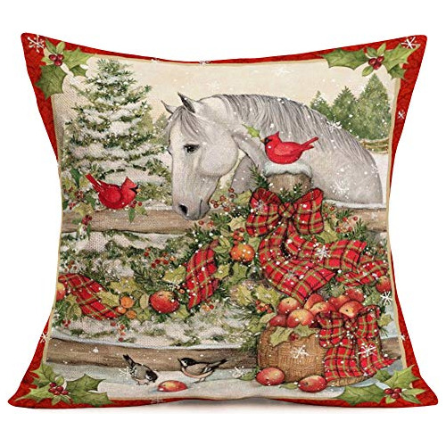 Funda De Almohada De Caballo De Granja De Invierno Lazo...