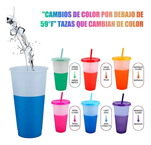 Vasos Magicos Cambian De Color Con Tapa Y Popote 710ml 20pzs