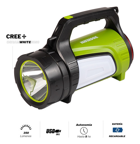 Linterna Reflector Farol Alto Poder Lumínico Recargable Usb Blanco Verde