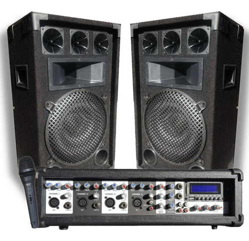 Combo Consola Potenciada Con Usb/bt +  Bafles 12  200w + Mic